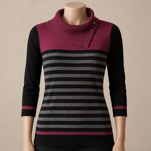 Women’s Pink and Black Striped Turtleneck Sweater